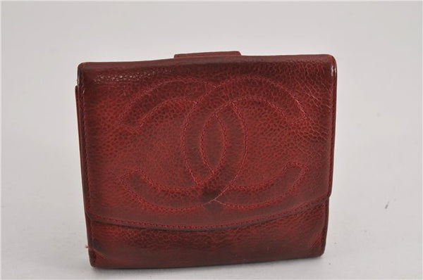 Authentic CHANEL Vintage Caviar Skin CC Logo Bifold Wallet Purse Red Junk K4920