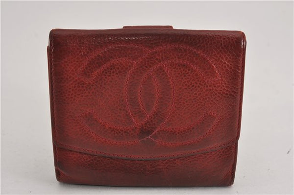 Authentic CHANEL Vintage Caviar Skin CC Logo Bifold Wallet Purse Red Junk K4920
