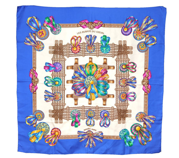 Authentic HERMES Carre 90 Scarf "LES RUMANS DU CHEVAL" Silk Blue K4926