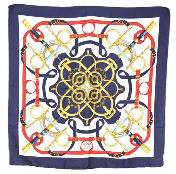 Authentic HERMES Carre 90 Scarf "Eperon d'or" Silk Navy K4927