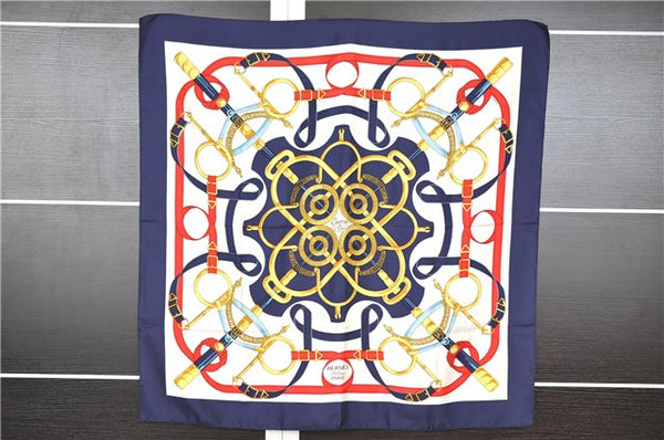 Authentic HERMES Carre 90 Scarf "Eperon d'or" Silk Navy K4927