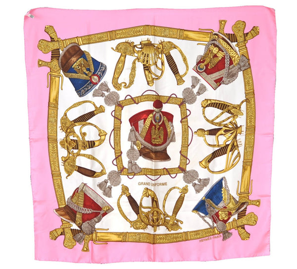 Authentic HERMES Carre 90 Scarf "GRAND UNIFORME" Silk Pink K4931