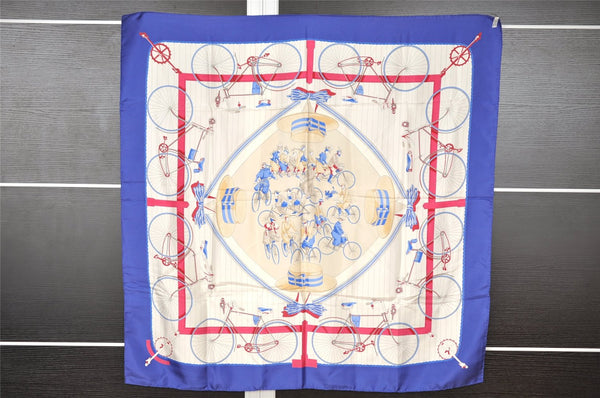 Authentic HERMES Carre 90 Scarf "LES BECANES" Silk Blue K4932