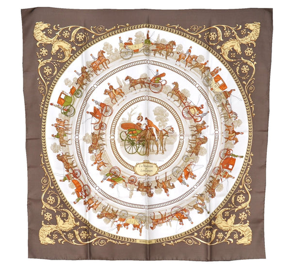 Authentic HERMES Carre 90 Scarf "LA Promenade De Longchamps" Silk Brown K4934