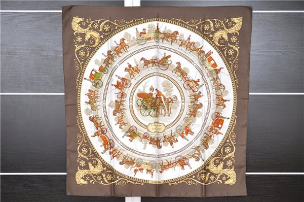 Authentic HERMES Carre 90 Scarf "LA Promenade De Longchamps" Silk Brown K4934