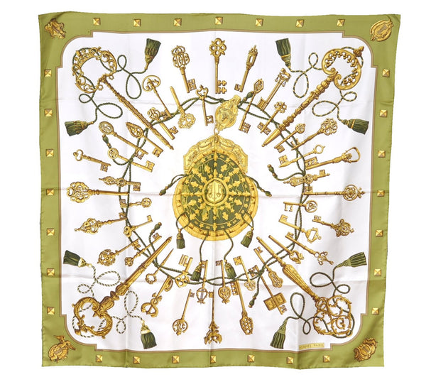 Authentic HERMES Carre 90 Scarf "LES CLES" Silk Green K4936