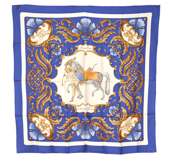 Authentic HERMES Carre 90 Scarf "Cheval Turc." Silk Blue K4938