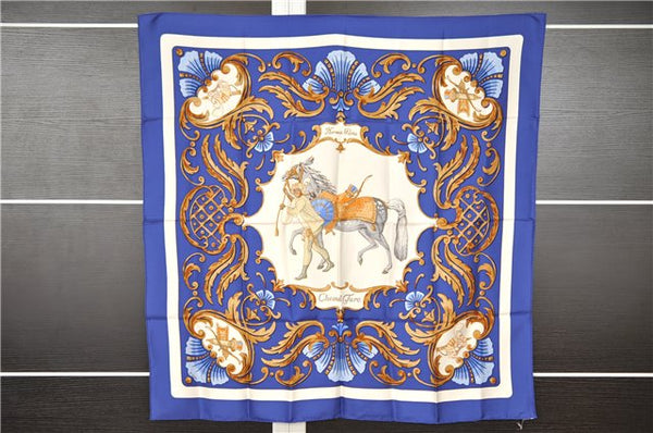 Authentic HERMES Carre 90 Scarf "Cheval Turc." Silk Blue K4938