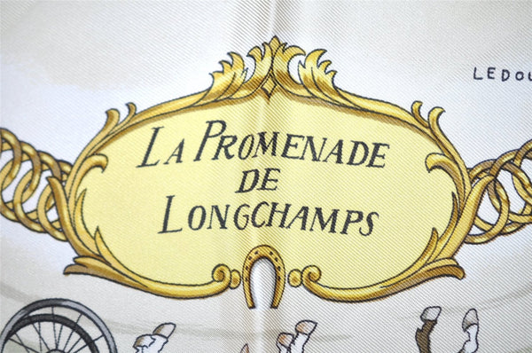 Auth HERMES Carre 90 Scarf "LA PROMENADE DE LONGCHAMPS" Silk Light Blue K4942