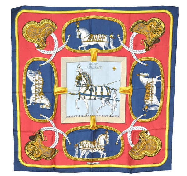 Authentic HERMES Carre 90 Scarf "GRAND APPARAT" Silk Navy K4944