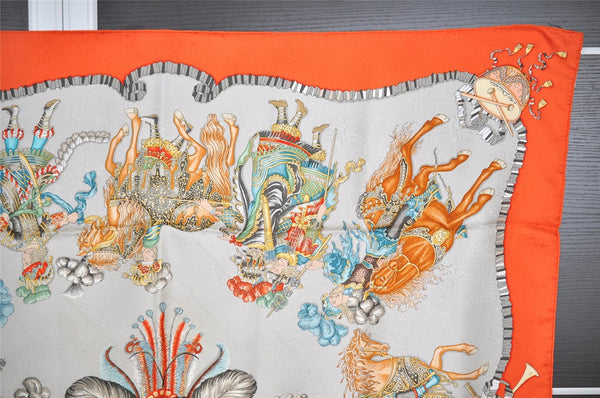 Authentic HERMES Carre 90 Scarf "LES FETES DU ROI SOLEIL" Silk Orange K4946