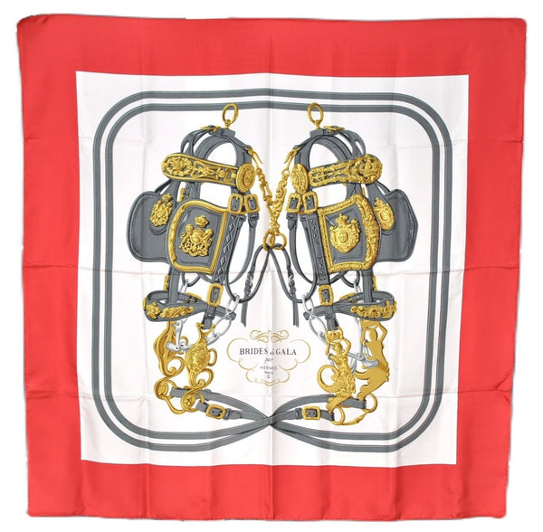 Authentic HERMES Carre 90 Scarf "BRIDES de GALA par" Silk Red K4947