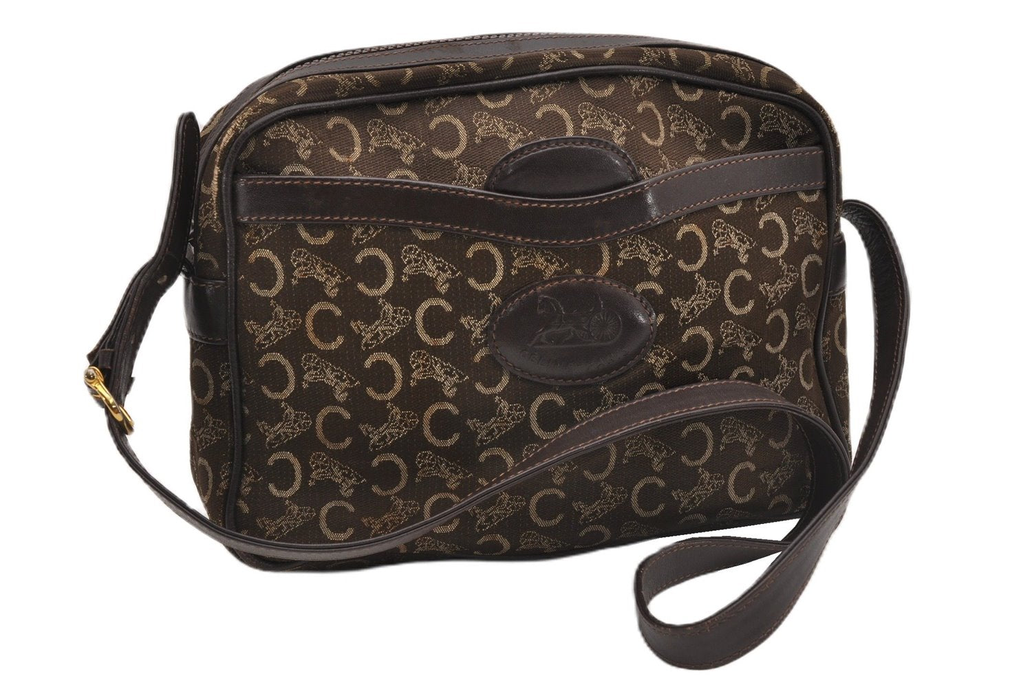 Authentic CELINE C Horse Carriage Shoulder Cross Bag Canvas Leather Brown K4969