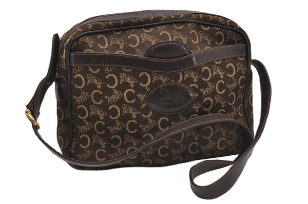 Authentic CELINE C Horse Carriage Shoulder Cross Bag Canvas Leather Brown K4969