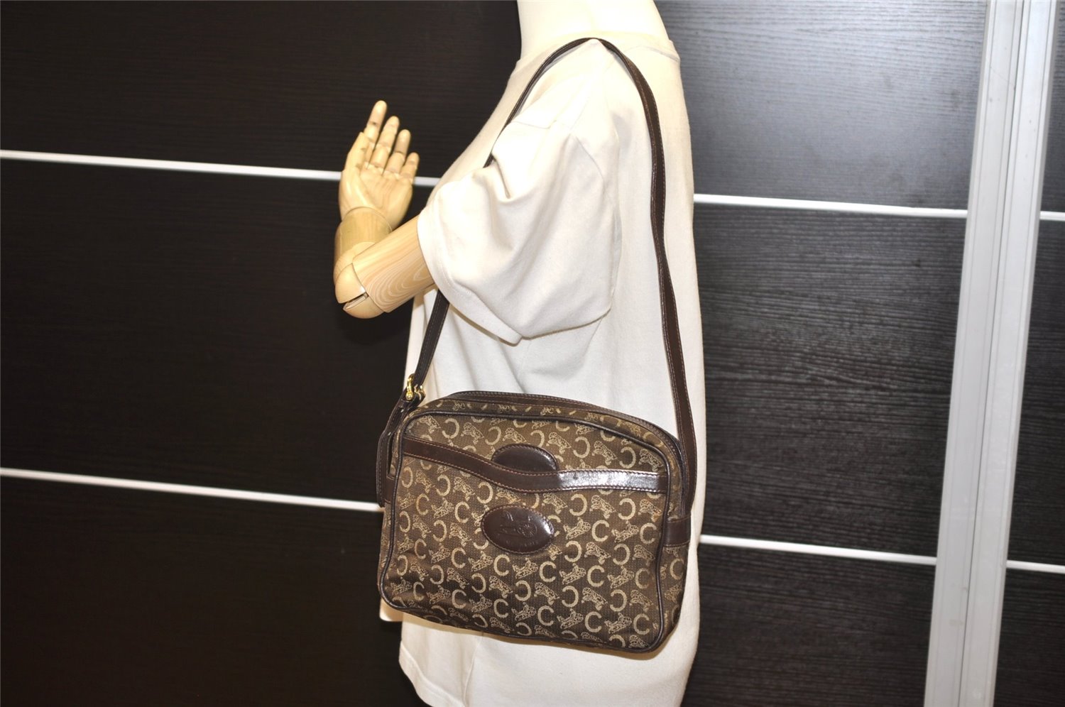 Authentic CELINE C Horse Carriage Shoulder Cross Bag Canvas Leather Brown K4969