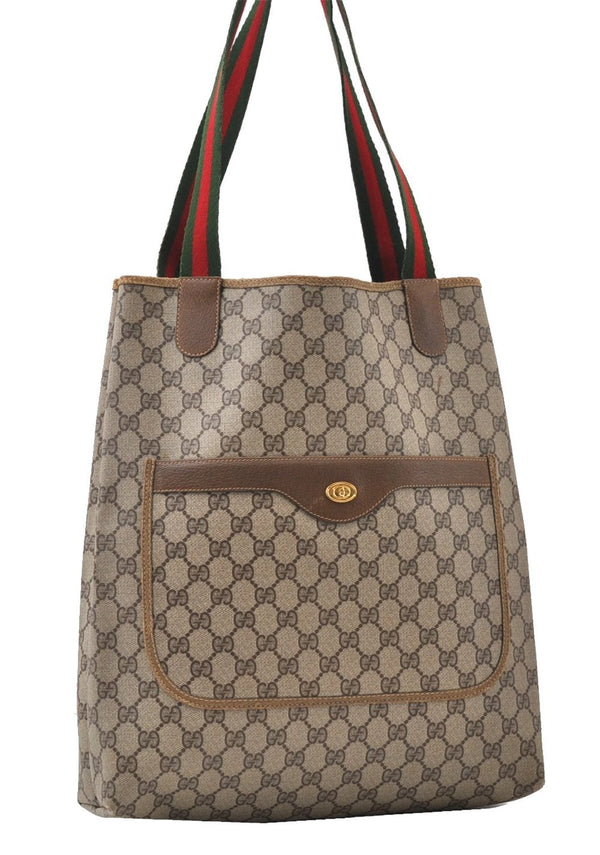 Authentic GUCCI Web Sherry Line Shoulder Tote Bag GG PVC Leather Brown K4971