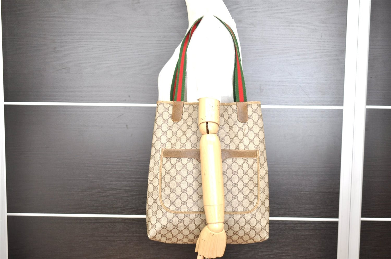 Authentic GUCCI Web Sherry Line Shoulder Tote Bag GG PVC Leather Brown K4971