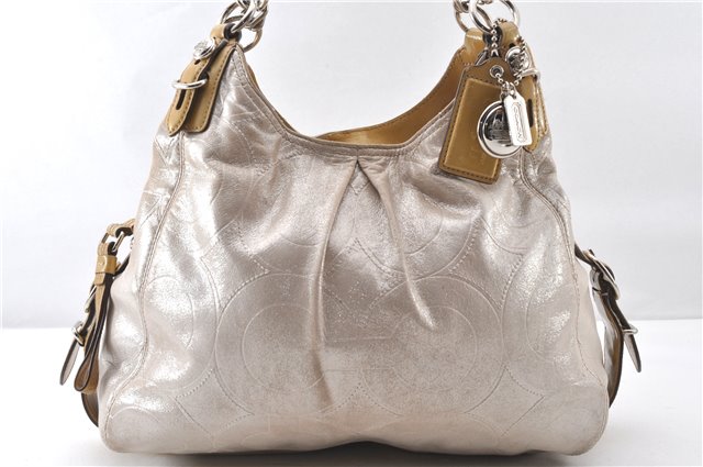 Authentic COACH Op Art Shoulder Hand Bag Leather Beige K4987