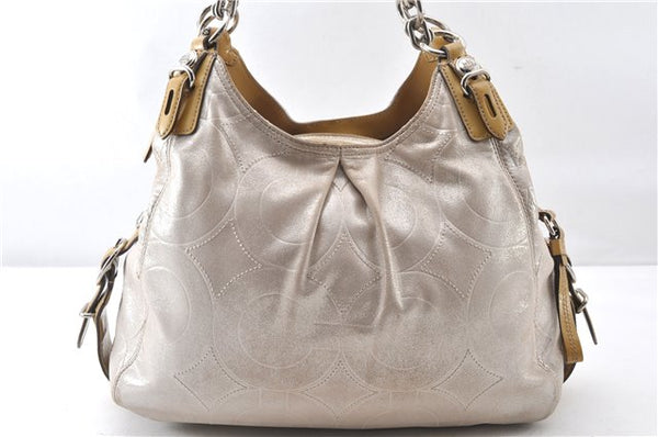 Authentic COACH Op Art Shoulder Hand Bag Leather Beige K4987