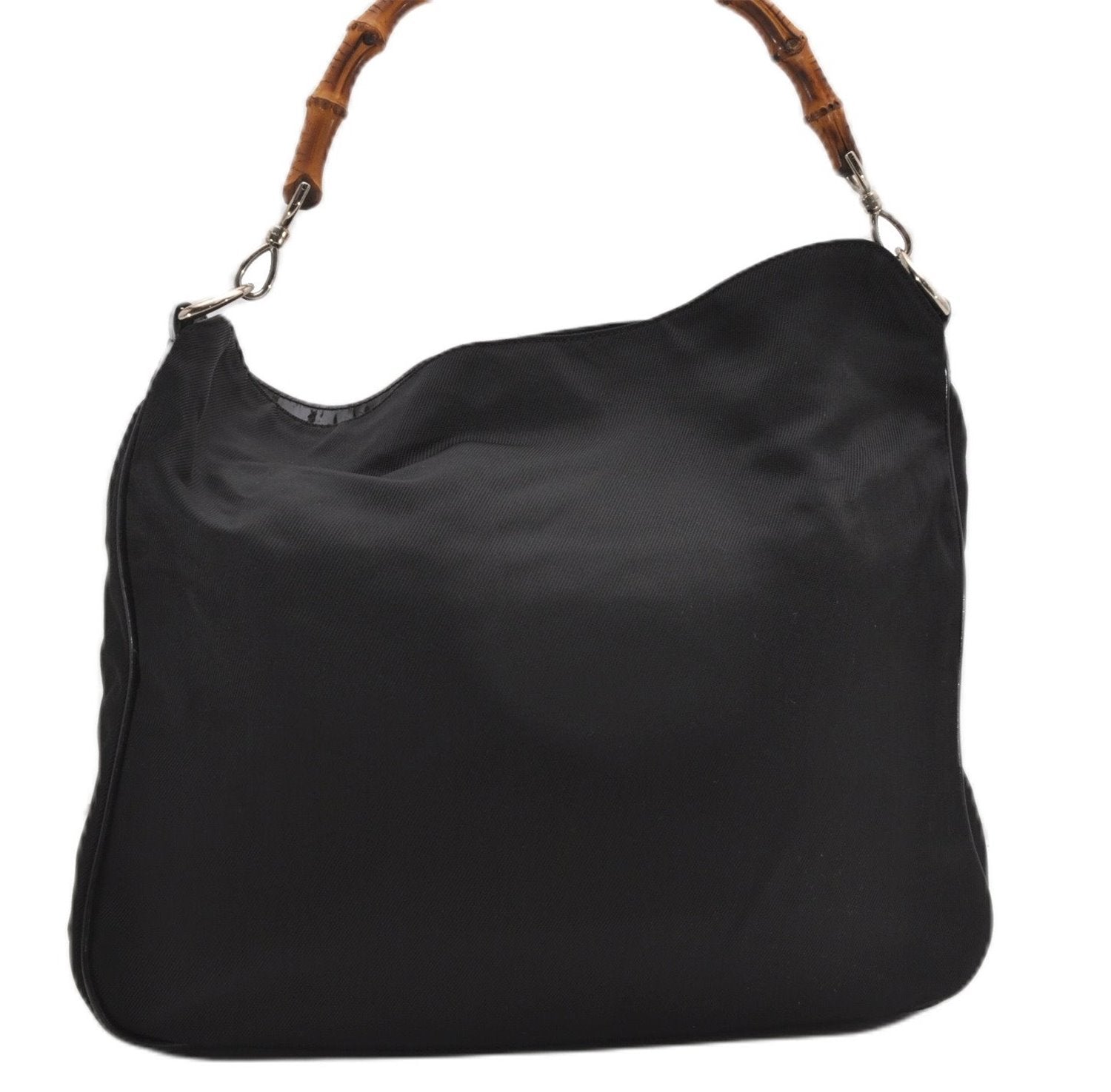 Authentic GUCCI Vintage Bamboo Shoulder Hand Bag Nylon Enamel Black K4990