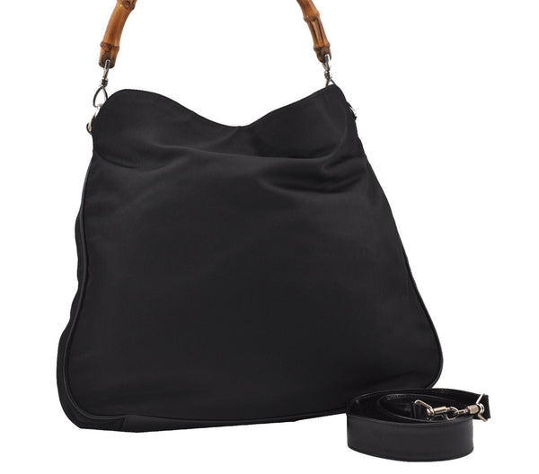 Authentic GUCCI Vintage Bamboo 2Way Shoulder Tote Bag Nylon Leather Black K4993