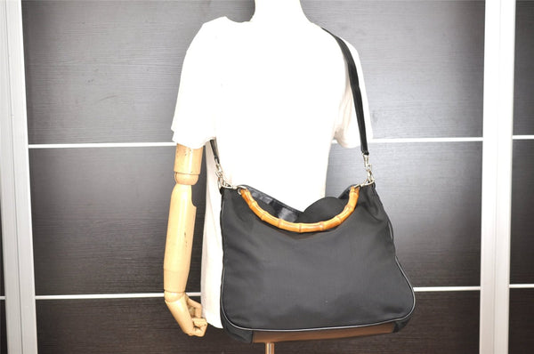 Authentic GUCCI Vintage Bamboo 2Way Shoulder Tote Bag Nylon Leather Black K4993