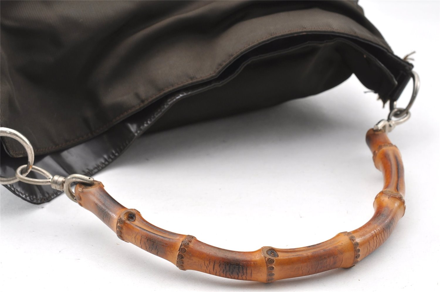 Authentic GUCCI Vintage Bamboo 2Way Shoulder Tote Bag Nylon Leather Brown K4995
