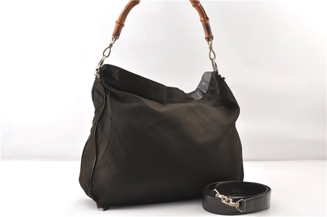 Authentic GUCCI Vintage Bamboo 2Way Shoulder Tote Bag Nylon Leather Brown K4995
