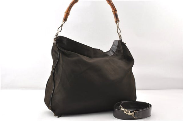 Authentic GUCCI Vintage Bamboo 2Way Shoulder Tote Bag Nylon Leather Brown K4995