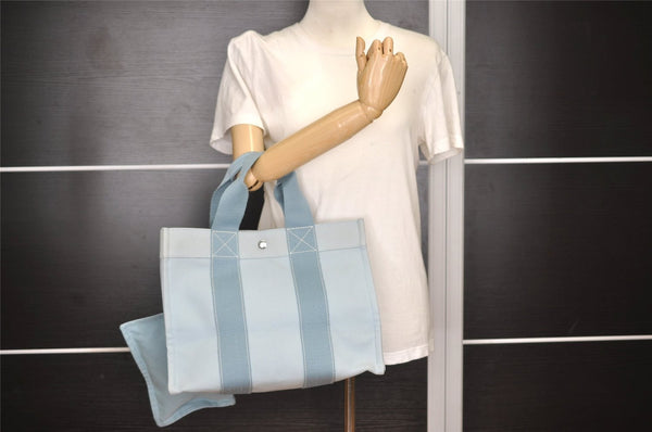 Authentic HERMES Bora Bora PM Shoulder Tote Bag Canvas Light Blue K4998