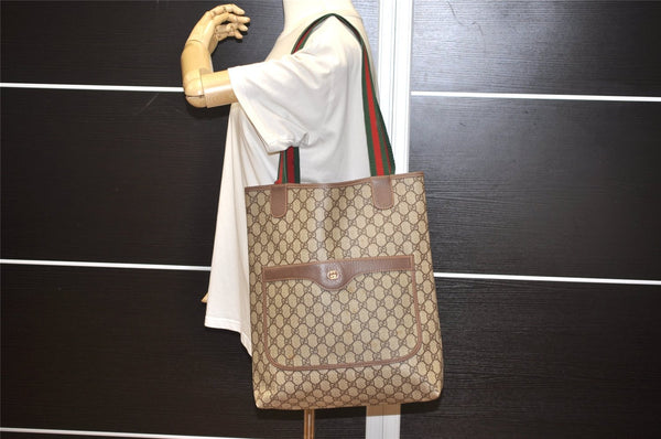 Authentic GUCCI Web Sherry Line Shoulder Tote Bag GG PVC Leather Brown K5002