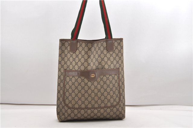 Authentic GUCCI Web Sherry Line Shoulder Tote Bag GG PVC Leather Brown K5002