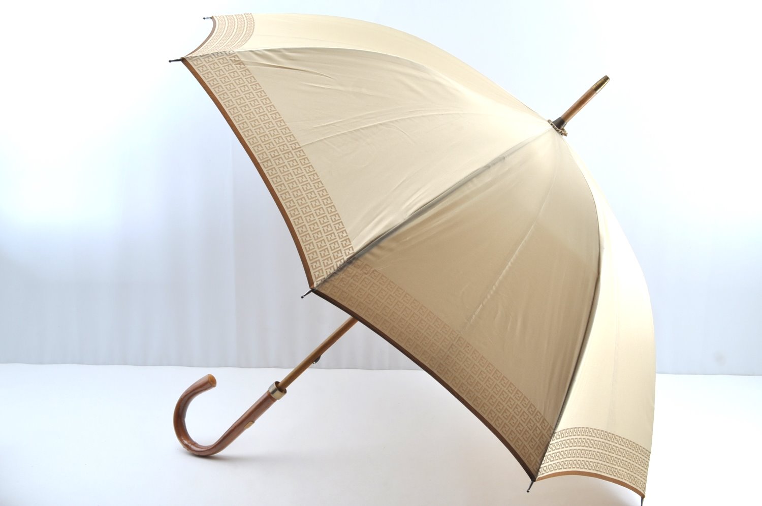 Authentic FENDI Zucchino Umbrella Polyester Wood Beige Brown K5023