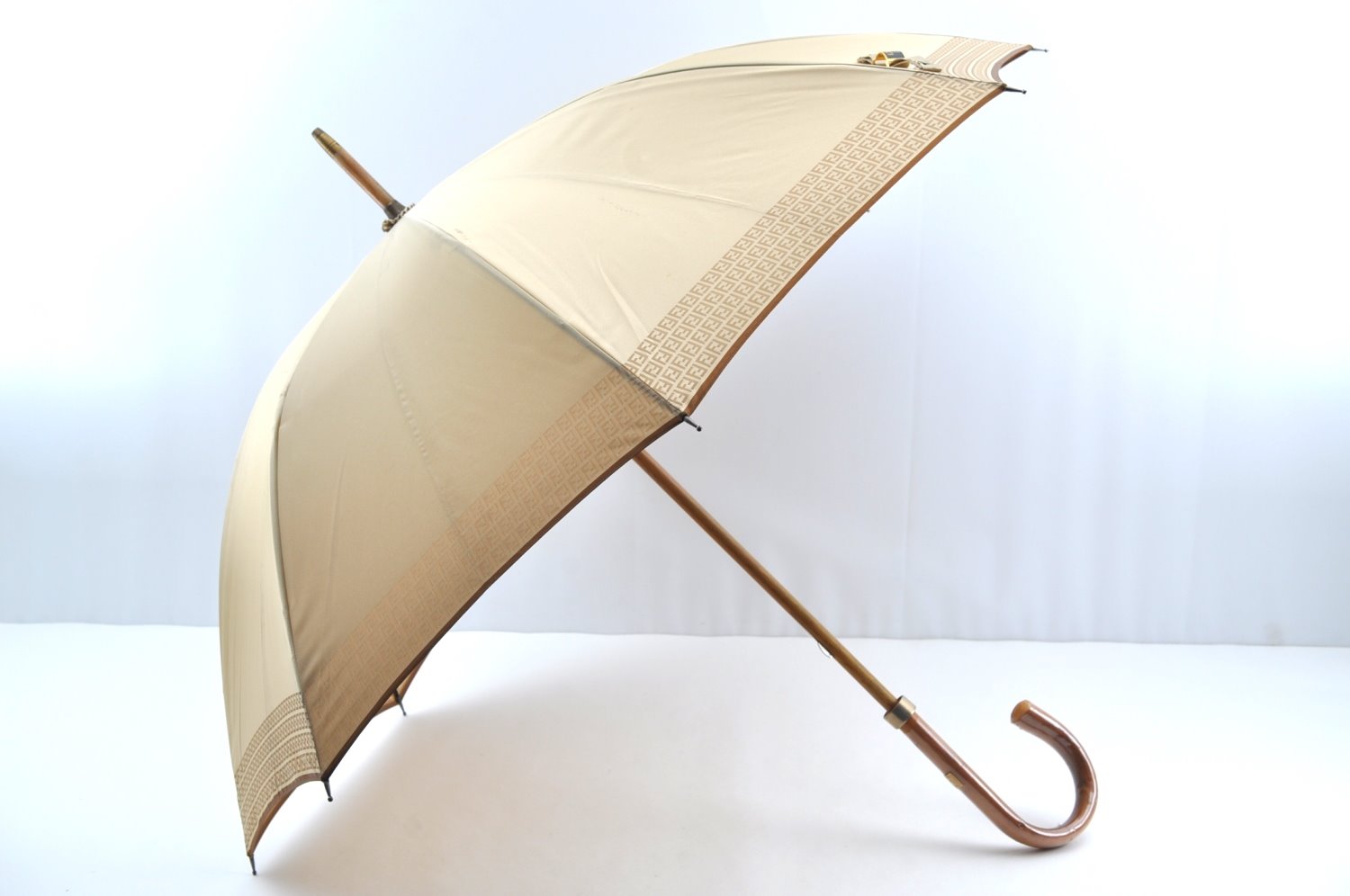 Authentic FENDI Zucchino Umbrella Polyester Wood Beige Brown K5023