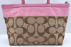 Authentic COACH Signature Shoulder Tote Bag Canvas Leather Brown Pink K5030