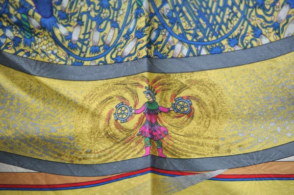 Authentic HERMES Carre 90 Scarf "FEUX ARTIFICE" Silk Yellow K5032