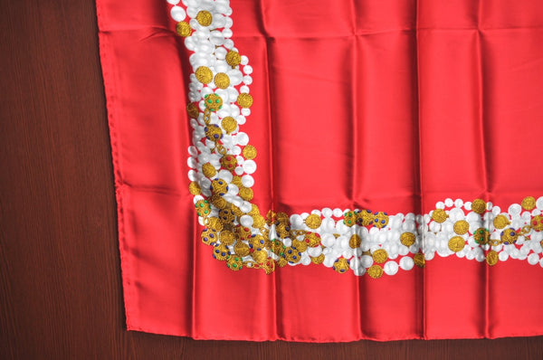 Authentic CHANEL Scarf Jewelry Pearl Motif CC Logo Silk Red K5035