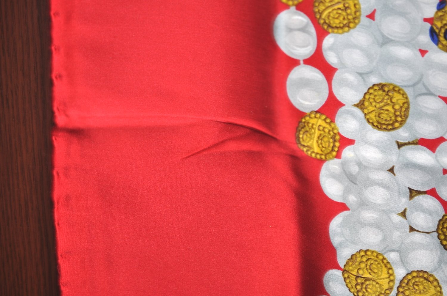 Authentic CHANEL Scarf Jewelry Pearl Motif CC Logo Silk Red K5035
