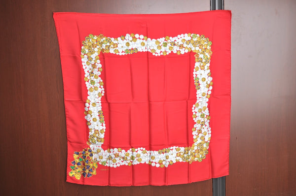 Authentic CHANEL Scarf Jewelry Pearl Motif CC Logo Silk Red K5035