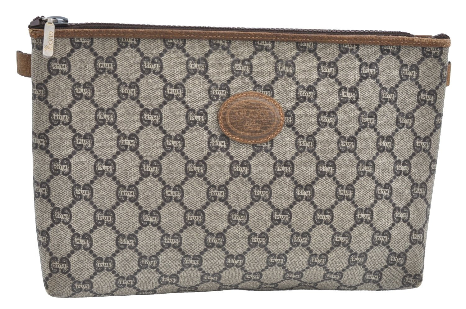 Authentic GUCCI GG Plus Clutch Hand Bag Purse GG PVC Leather Brown K5051