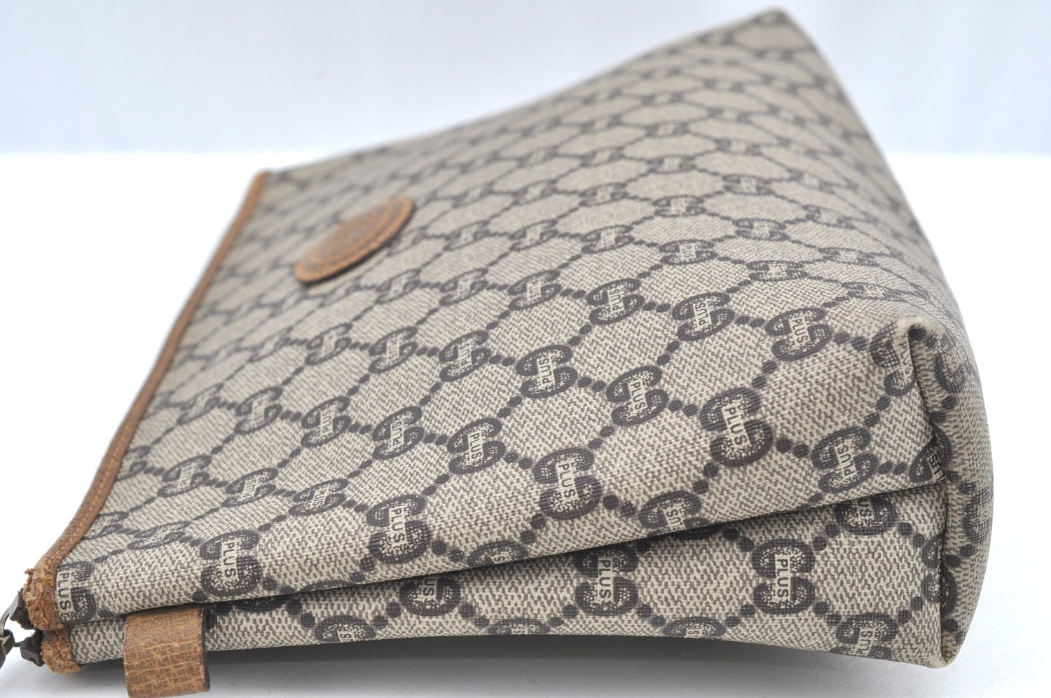 Authentic GUCCI GG Plus Clutch Hand Bag Purse GG PVC Leather Brown K5051