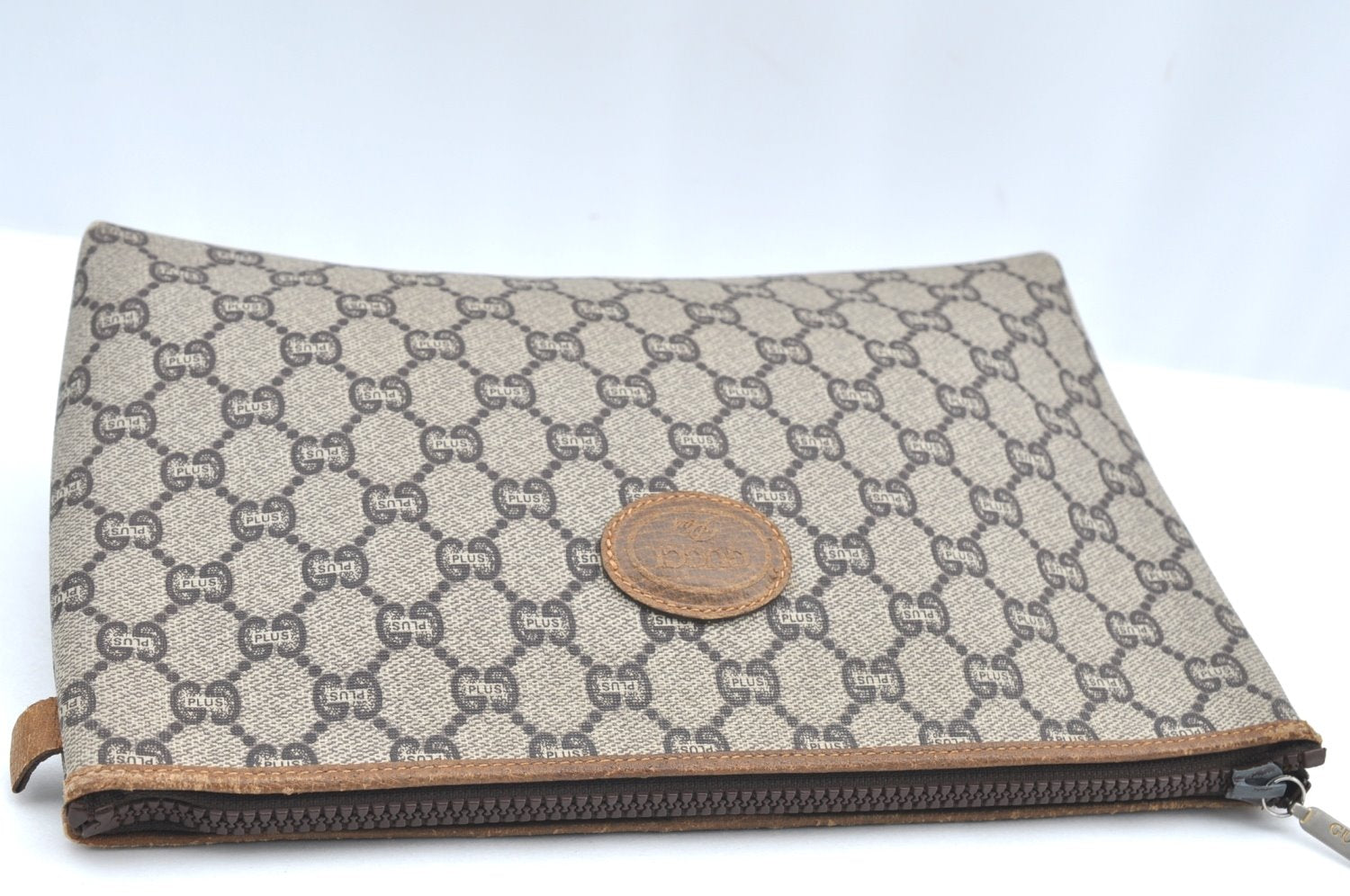 Authentic GUCCI GG Plus Clutch Hand Bag Purse GG PVC Leather Brown K5051