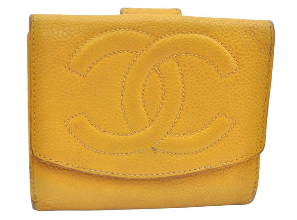 Authentic CHANEL Caviar Skin CC Logo Bifold Wallet Purse Yellow K5052