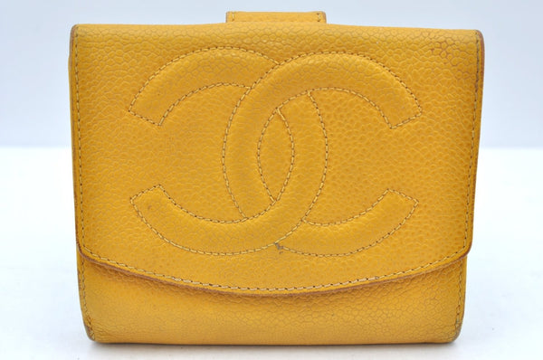 Authentic CHANEL Caviar Skin CC Logo Bifold Wallet Purse Yellow K5052