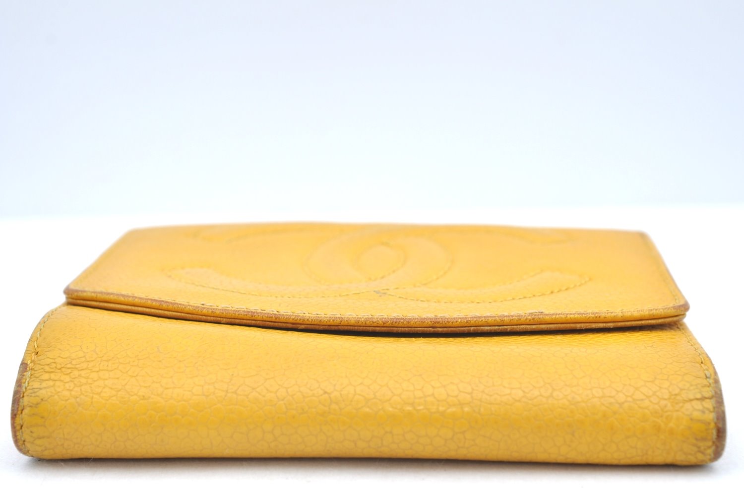 Authentic CHANEL Caviar Skin CC Logo Bifold Wallet Purse Yellow K5052