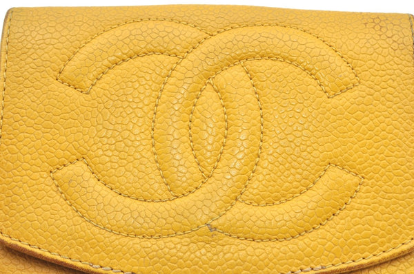 Authentic CHANEL Caviar Skin CC Logo Bifold Wallet Purse Yellow K5052