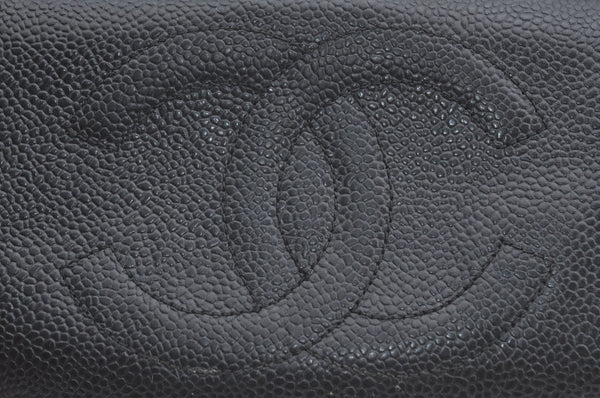 Authentic CHANEL Caviar Skin CC Logo Bifold Long Wallet Purse Black K5053