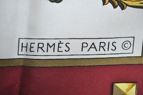 Authentic HERMES Carre 90 Scarf "LES CLES" Silk Bordeaux Red K5059