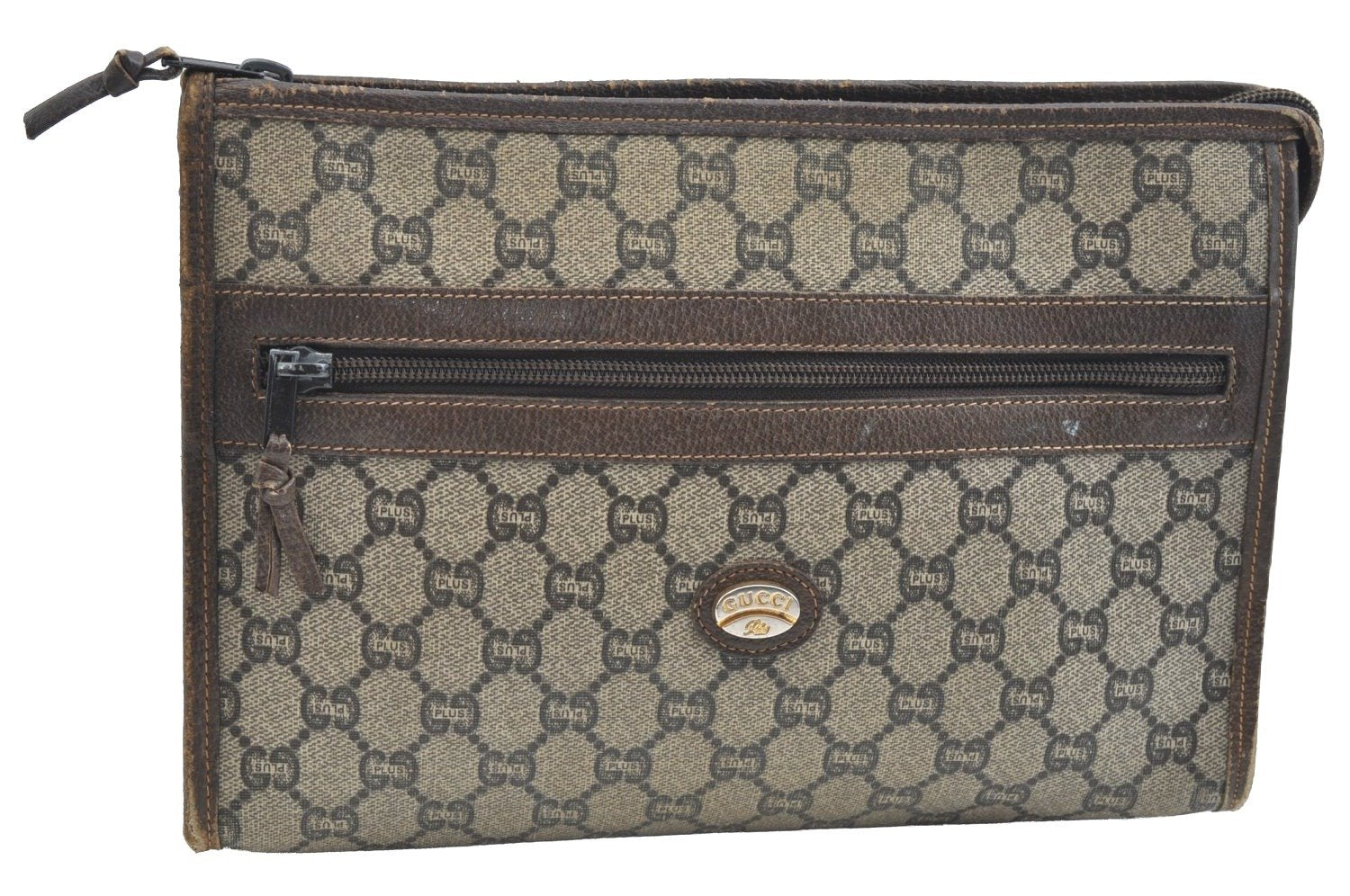 Authentic GUCCI GG Plus Clutch Hand Bag Purse PVC Leather Brown K5074