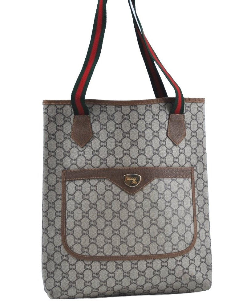 Authentic GUCCI Web Sherry Line GG Plus Tote Bag GG PVC Leather Brown K5076